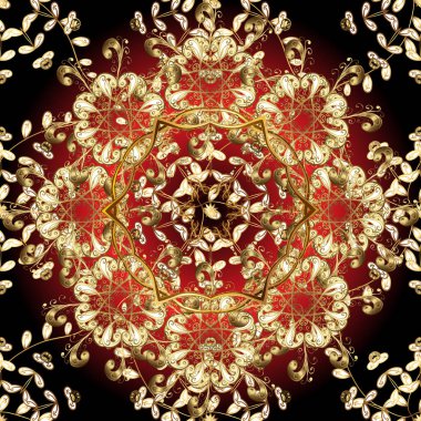 Seamless medieval floral royal pattern. Decorative symmetry arabesque. Good for greeting card for birthday, invitation or banner. Gold on black and brown colors.