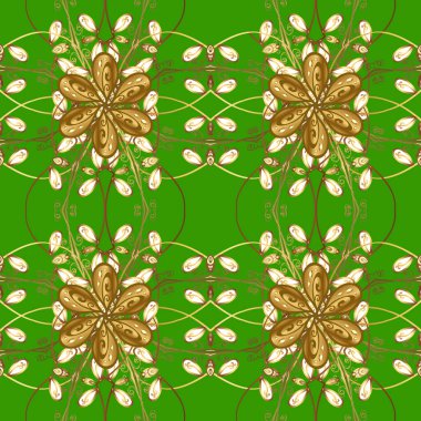 Damask seamless repeating pattern. Golden element on green and brown colors. Gold floral ornament in baroque style. Antique golden repeatable wallpaper.
