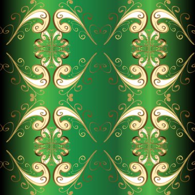 Brilliant lace, stylized flowers, paisley. Openwork delicate golden pattern. Seamless golden texture curls. Raster illustration. Seamless pattern on pleasant colors with golden elements. Oriental style arabesques