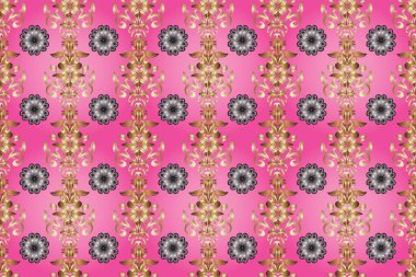 Golden pattern on pink, beige and gray colors. Symbol of winter, Merry Christmas holiday, Happy New Year 2019. Golden snowflake simple seamless pattern. Abstract wallpaper, wrapping decoration.