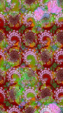 Moda baskıları için zarif bir şablon. Modern çiçek arkaplanı. Parlak renkli çiçekleri olan ve kırmızı ve yeşil renkli yaprakları olan harika bir çiçek deseni. Halk stili.