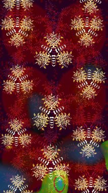 Abstract seamless raster pattern with hand drawn floral elements. Red and brown on red and brown. Silk scarf with blooming flowers. 1950s-1960s motifs. Retro textile design collection.