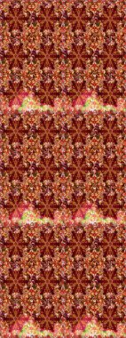 Suluboya elle çizilmiş çiçek desenli eskiz deseni. Parlak renkli fantezi çiçekleri, yapraklar, kırmızı ve kahverengi renkli tomurcuklar, kırmızı ve kahverengi.