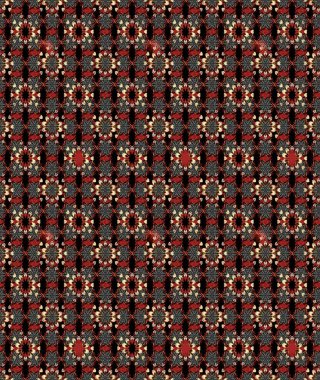 Kumaş desenli papatya çiçeği detayı. Siyah ve kırmızı renkte çiçekler.