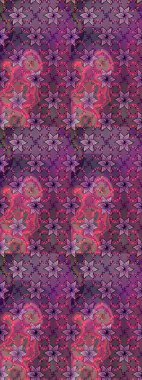 El çizimi çiçek unsurları olan soyut, dikişsiz raster deseni. Mor ve pembe pembe üzerine mor ve pembe. Çiçekli ipek eşarp. 1950-1960 motifleri. Retro tekstil tasarım koleksiyonu.