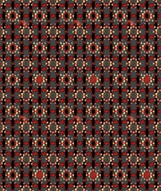 Kumaş desenli papatya çiçeği detayı. Siyah ve kırmızı renkte çiçekler.