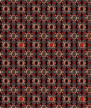 Renkli desenli eskiz deseni, siyah ve kırmızı çiçekler ve dekoratif elementler. Eskiz geçmişi. Raster illüstrasyonu. Kumaş, tekstil, duvar kağıdı baskısı için. Antika retro tarzı.