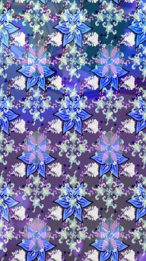 Tekrar eden çiçek arkaplanı, zarif mavi ve menekşe çiçekli duvar kağıdı. Mavi ve mor renkler üzerine çiçek desenli çizimler, el yapımı papatyalar, papatyalar..