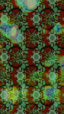 Kumaş desenli papatya çiçeği detayı. Yeşil ve kahverengi renkte çiçekler.