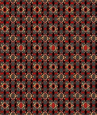 Kumaş desenli papatya çiçeği detayı. Siyah ve kırmızı renkte çiçekler.