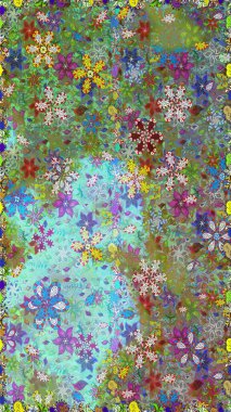 Yeşil ve mavi renkte çiçekler. Raster illüstrasyonunda kusursuz çiçek deseni.