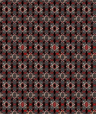 Üzerinde gelincikler ve vadi zambakları olan renkli çiçek desenli nakış deseni. Tekstil tasarımı için siyah ve kahverengi renkli geleneksel halk çiçekleri..