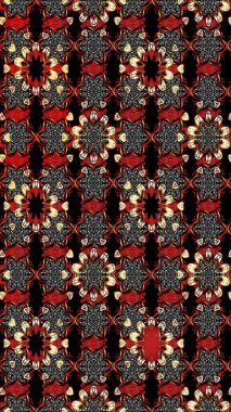 Siyah ve kırmızı renkte etnik çiçeklerle süslenmiş zarif bir eskiz şekli. Raster Çiçek İllüstrasyon Şirin Tekstil.