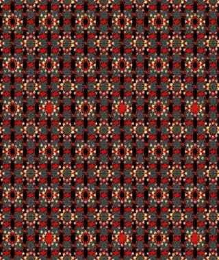 Küçük siyah ve kırmızı renkte güzel bir besin torbası deseni, çiçekler. Millefleur 'lar. Tekstil, kumaş, kapaklar, duvar kağıtları, baskı, paket, koleksiyon defteri, örgü, dekupaj için çiçek arkaplanı..