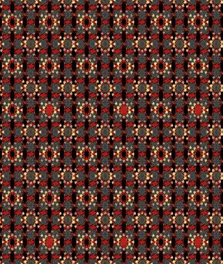 Renkli desenli eskiz deseni, siyah ve kırmızı çiçekler ve dekoratif elementler. Eskiz geçmişi. Raster illüstrasyonu. Kumaş, tekstil, duvar kağıdı baskısı için. Antika retro tarzı.