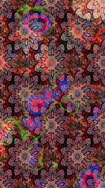 Renkli Bahar Teması eskiz kalıbı. Güzel kumaş deseni. Çiçek desenli çizim. Raster illüstrasyonu. Düz Çiçek Elementleri Tasarımı. Asya tekstil tarzında.