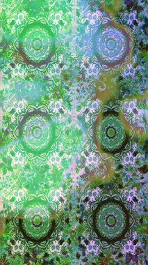 Yeşil ve nötr renklerde etnik çiçeklerle süslenmiş zarif bir eskiz. Asya Tekstil 'inde Raster Çiçek İllüstrasyonu.