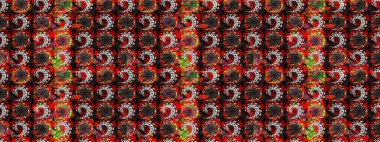 Halk tarzı. Moda baskıları için zarif bir şablon. Modern çiçek arkaplanı. Parlak renkli çiçekleri olan ve siyah ve kırmızı renkte yaprakları olan muhteşem bir çiçek deseni..