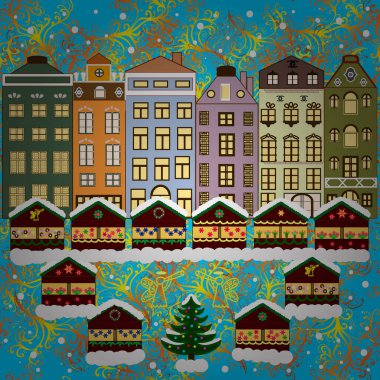 Kentsel kış manzarası. Karlı sokak. Düz tasarım. Noel kartı Happy Holidays banner. Vektör çizim.