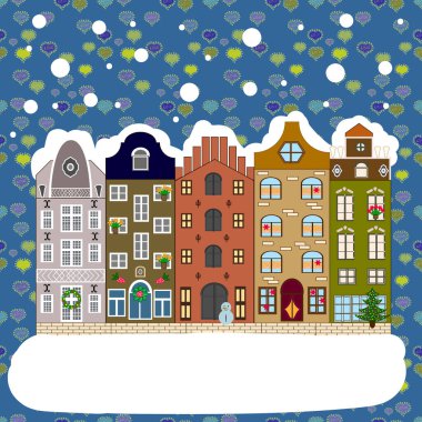 Noel 'de köy, arka planda kar ve kar taneleri olan pankart. Vektör çizimi. Tebrik kartı.