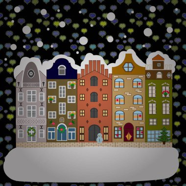 Vektör çizim. Noel, kar ve kar taneleri ile arka plan afiş köyde. Tebrik kartı.