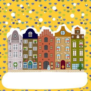 Kumaş izi. Kış doğası. Firavun ağaçları. Sarı ve beyaz ağaçlı kış şehri, şirin evler, güneş. Vektör illüstrasyonu.