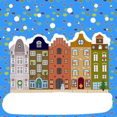 Tebrik ya da posta kartı konsepti. Noel ağacı ve kardan adam. Geceleri karlı bir Noel manzarasında bir ev. Vektör illüstrasyonu.