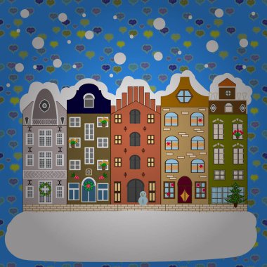 Tatil Vektörü illüstrasyonu. Akşam şehri kış manzarası. Kar koyları, mavi-beyaz evler ve Noel ağacı..