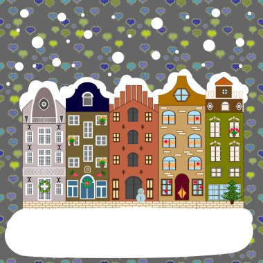 Vektör. Tebrik kartı, poster tasarımı. Noel arifesi şirin bir kasaba. Yeni yıl tatili. Vektör. Kış doğası. Kış evleri, yollar, ağaçlar. Şehir manzarası. Şehirde kış, Noel dekoru köknar ağaçları.