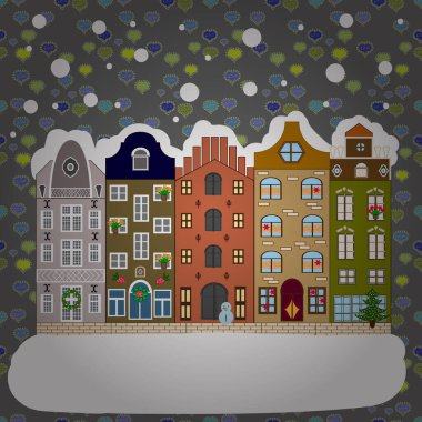 Kış evleri, yollar, ağaçlar. Vektör. Şehirde kış, Noel süsleri, köknar ağaçları. Kış doğası. Noel arifesi şirin bir kasaba. Vektör. Yeni yıl tatili. Tebrik kartı, poster tasarımı. Şehir manzarası.