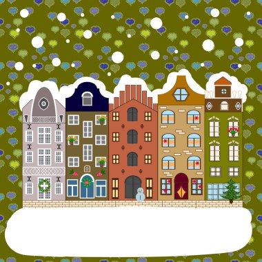 Düz Vektör illüstrasyonu. Noel ve Mutlu Yıllar tebrik kartı. Kış evi.