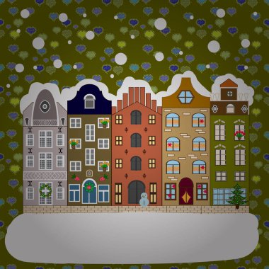 Geçmişi. Vektör çizimi. Kış köyü manzarası.