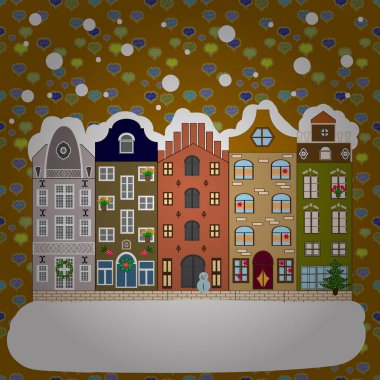 Vektör çizimi. Şehir kış manzarası. Noel kartın kutlu olsun. Snowy Caddesi. Düz tasarım.