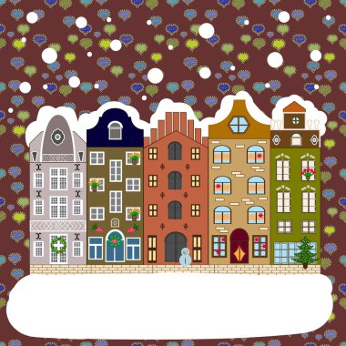 Tebrik ya da posta kartı konsepti. Noel ağacı ve kardan adam. Geceleri karlı bir Noel manzarasında bir ev. Vektör illüstrasyonu.