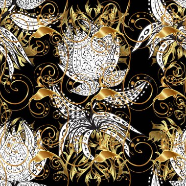 Paisleys zarif çiçek desenli arka plan duvar kâğıdı illüstrasyonuyla klasik güzel 3D çizgili sanat altın ve siyah ve beyaz desenli çiçek yaprakları ve süslemeleri..