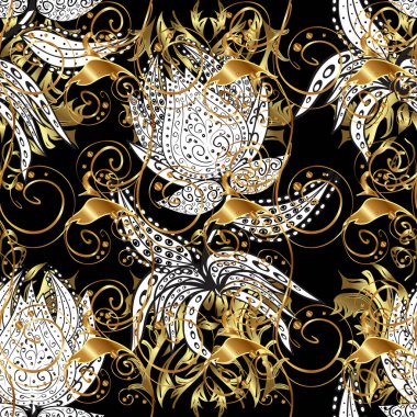 Siyah ve beyaz renklerde altın elementlerle kusursuz desen. Geleneksel oryantasyon süsü. Vektör çizimi. Klasik klasik klasik arka plan. Kusursuz klasik vektör altın deseni.