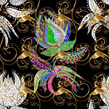 Çiçek süsü kumaş deseni, cam, çiçek desenli altın elementli siyah beyaz desenli metal. Klasik, altın, pürüzsüz model..