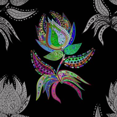 Siyah ve beyaz renklerde desen. Vektör altın mehndi kusursuz desen. Kına dövmeli süs çiçekleri, altın çıkartmalar, mehndi ve yoga tasarımı, kartlar ve parmak izleri..