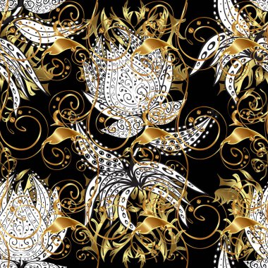 Damask kusursuz yinelenen arkaplan. Siyah ve beyaz renklerde altın element. Barok tarzında altın çiçekli süs. Doku arkaplanı üzerine altın duvar kağıdı.