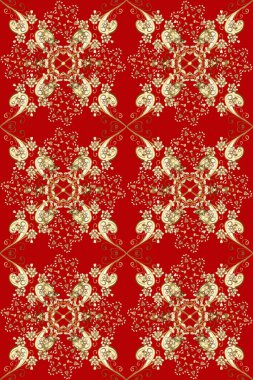 Damask pürüzsüz süsü. Klasik oryantal desen kırmızı, kahverengi ve bej renkler üzerinde. Geleneksel raster ve altın desen.