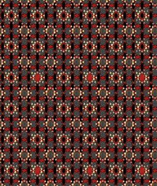 Siyah ve kırmızı renkte etnik çiçeklerle süslenmiş zarif bir eskiz şekli. Asya Tekstil 'inde Raster Çiçek İllüstrasyonu.