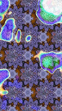 Raster illüstrasyonundaki çiçek desenli çizim. Mor ve mavi renkte çiçekler.