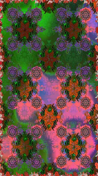 Raster illüstrasyonu. Yeşil ve kahverengi renklerde. Yeşil ve kahverengi renkte yeşil ve kahverengi papatya deseni.