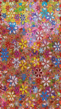 Çiçeksiz desenli, suluboya elle çizilmiş elementler. Parlak renkli fantezi çiçekleri, yapraklar, kahverengi ve nötr renklerde tomurcuklar kahverengi ve nötr.