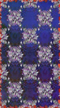 Raster illüstrasyonunda kusursuz çiçek deseni. Renkli Bahar Temalı Kusursuz Arkaplan. Düz Çiçek Elementleri Tasarımı. Mor ve gri renkte çiçekler.