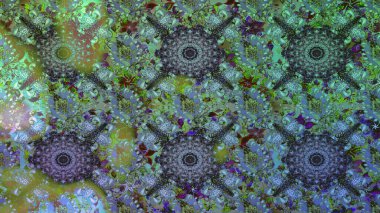 Çiçek ve yapraklı karalama şeklinde Raster çiçek deseni. Raster illüstrasyonu. Yeşil ve mavi renklerde bahar çiçekleri..