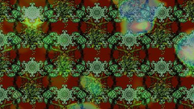 Eskiz arkaplan modeli. Yeşil, kırmızı ve kahverengi renkli vadi çiçekleri. Suluboya, elle çizilmiş. Raster - stok.