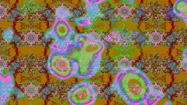 Raster illüstrasyonundaki çiçek desenli çizim. Çiçekler suluboya tarzında yeşil, kahverengi ve mavi renklerde.