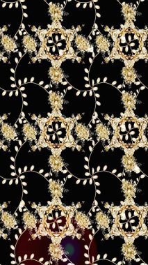 Bir sürü siyah, bej ve kahverengi soyut çiçekli tropik eskiz deseni. Küçük çiçekteki sevimli çiçek deseni. Varicoloblack, bej ve kahverengi raster çizimi.