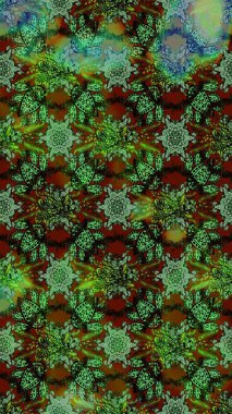 Tropik çiçek desenleri. Raster illüstrasyonu. Çiçekler yeşil, kahverengi ve gri renklerde.